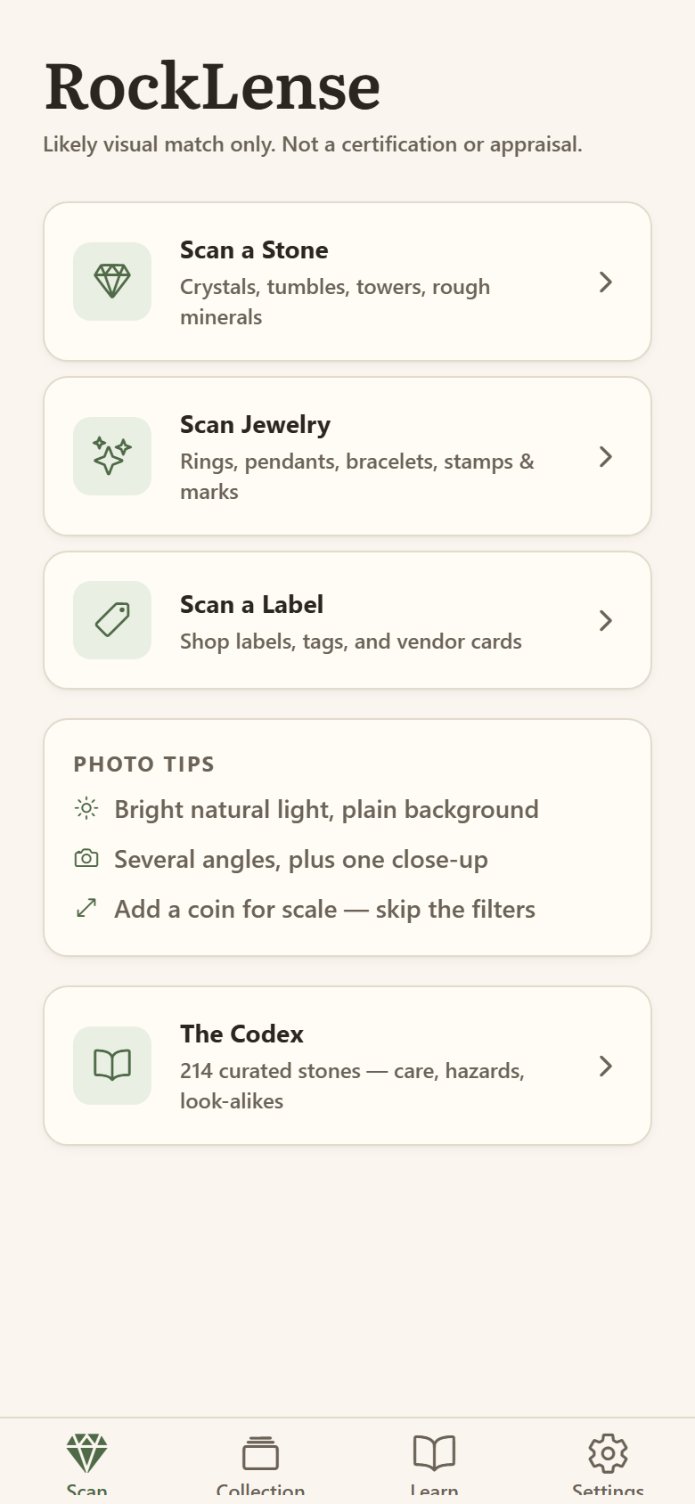 The RockLense home screen showing the three scan types and photo tips.