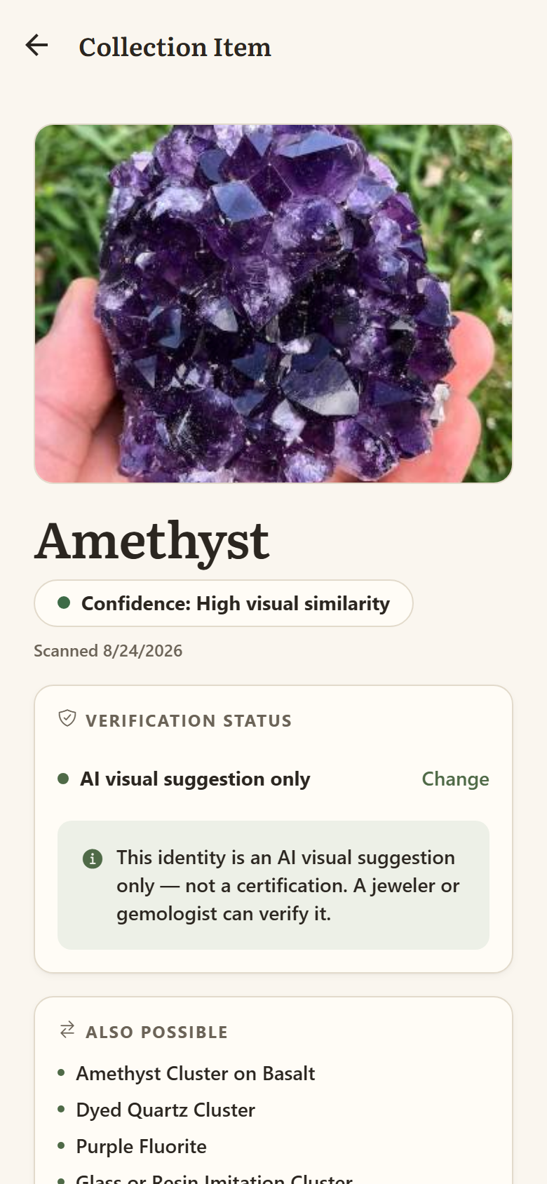 A saved collection item showing verification status and curated care information.